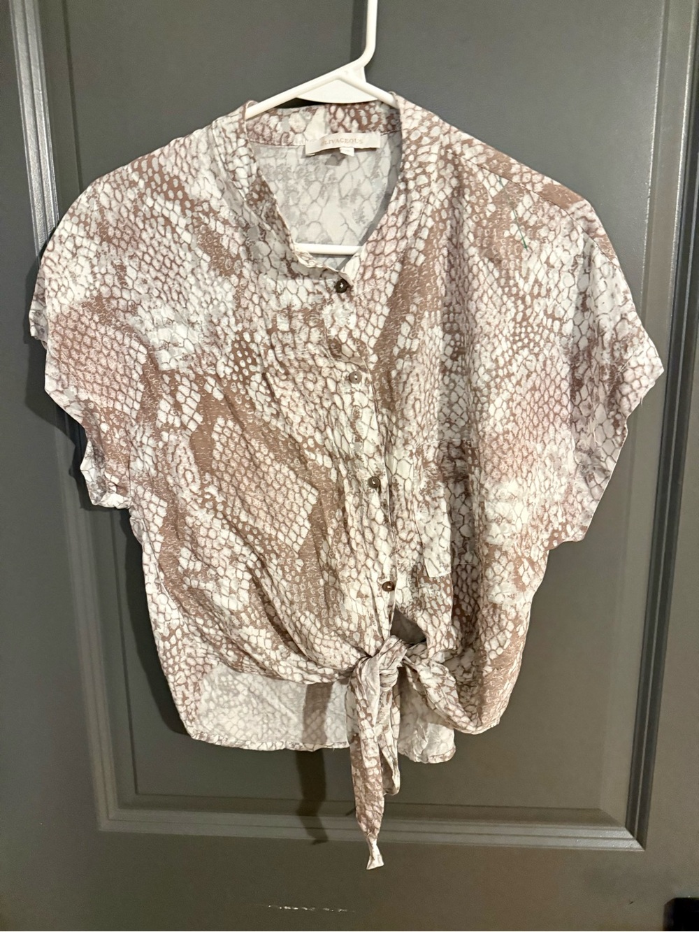 Anthropologie Taupe and White Snakeskin Tie-Front Blouse
